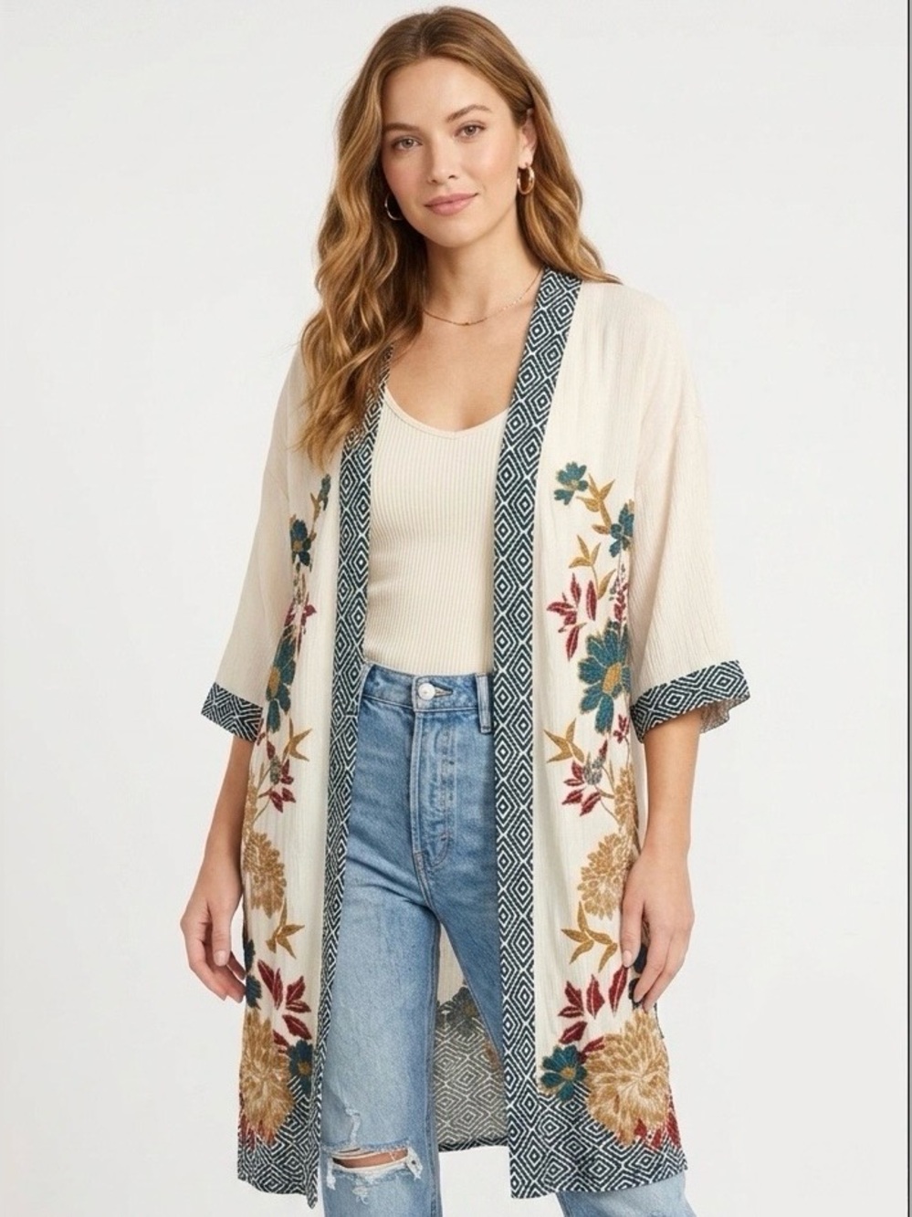DR2 by Daniel Rainn Floral Border Print Cream Kimono Cardigan Size XS/Small